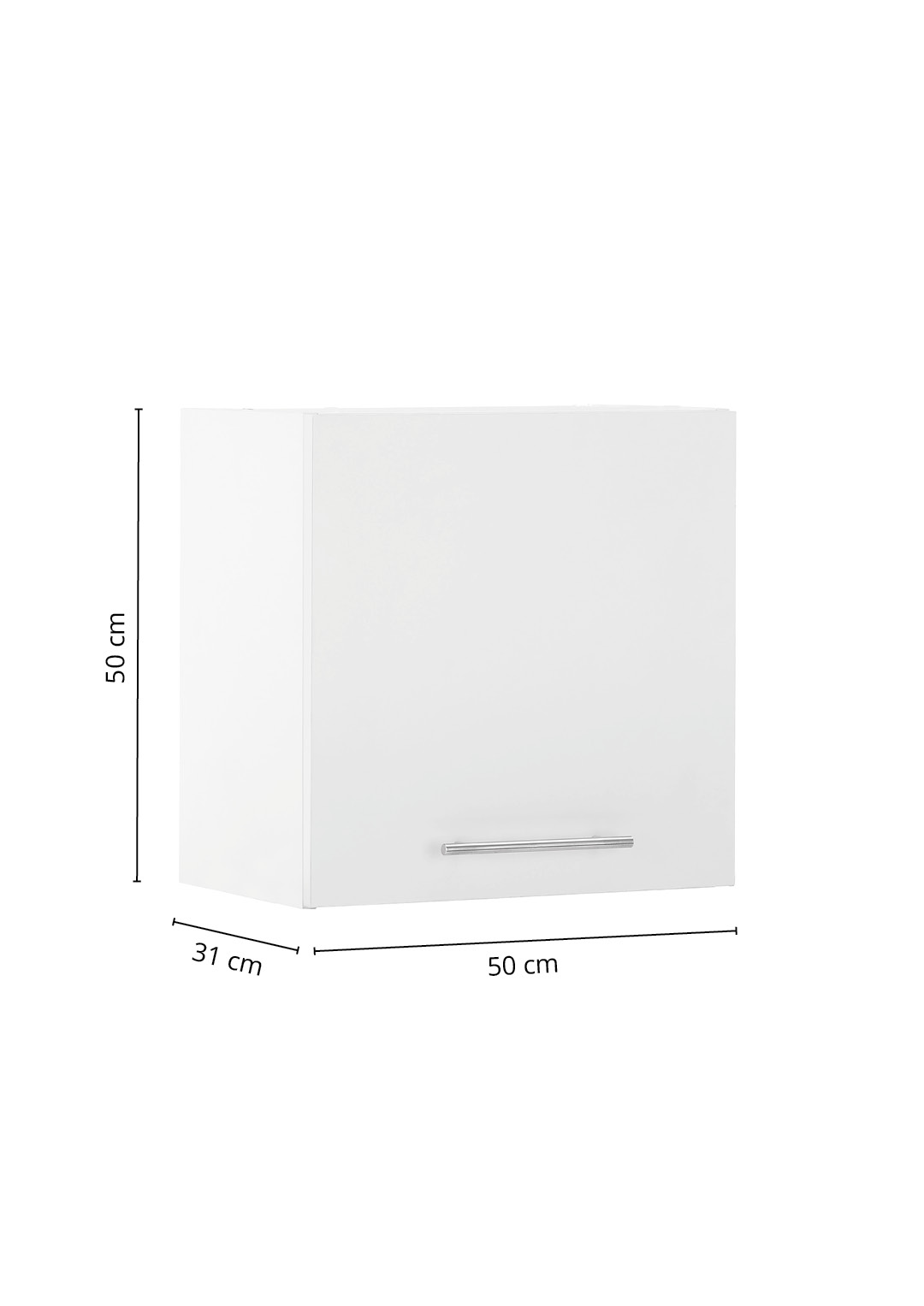 Weißer Hängeschrank mit geschlossener Front und Maßangaben in der Perspektivansicht.
