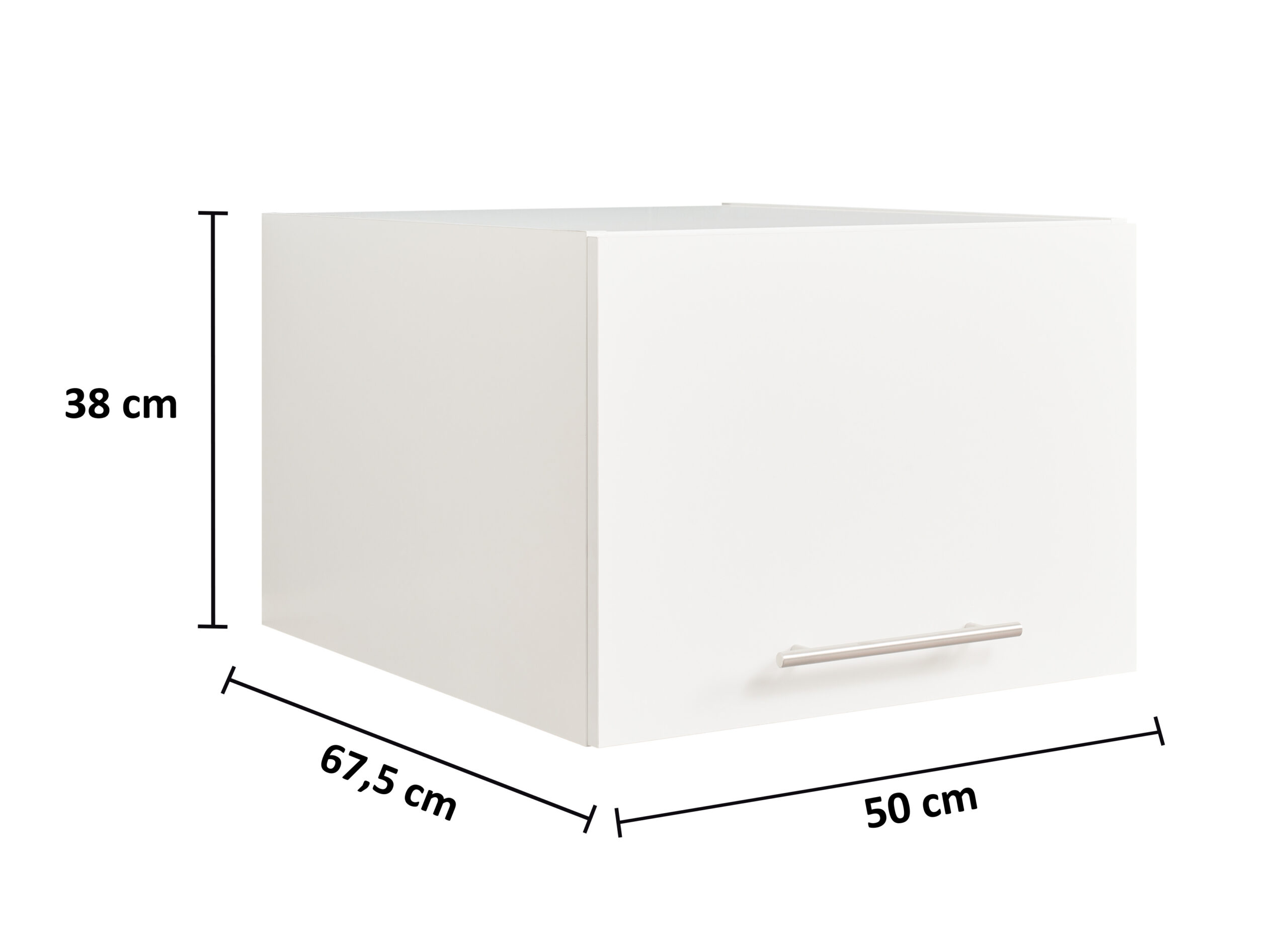 Weißer Aufsatzschrank mit Frontklappe und Maßangaben in perspektivischer Ansicht.