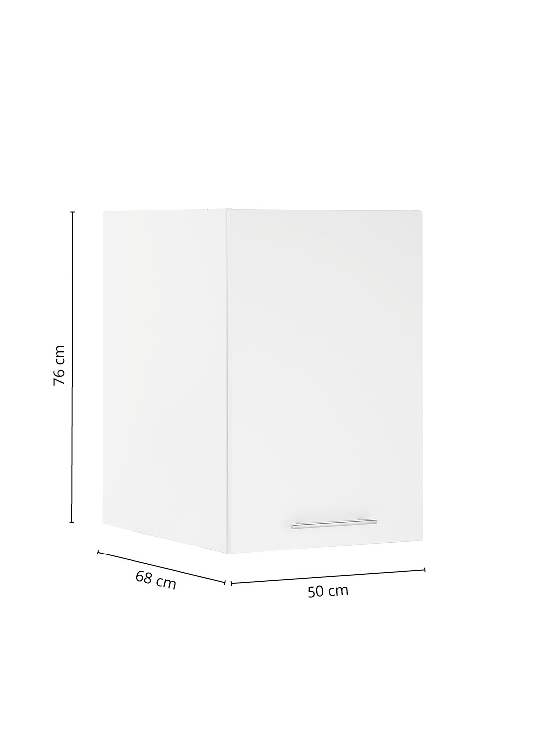 Weißer Hängeschrank mit einer Tür und eingezeichneten Maßangaben in Breite Höhe und Tiefe.