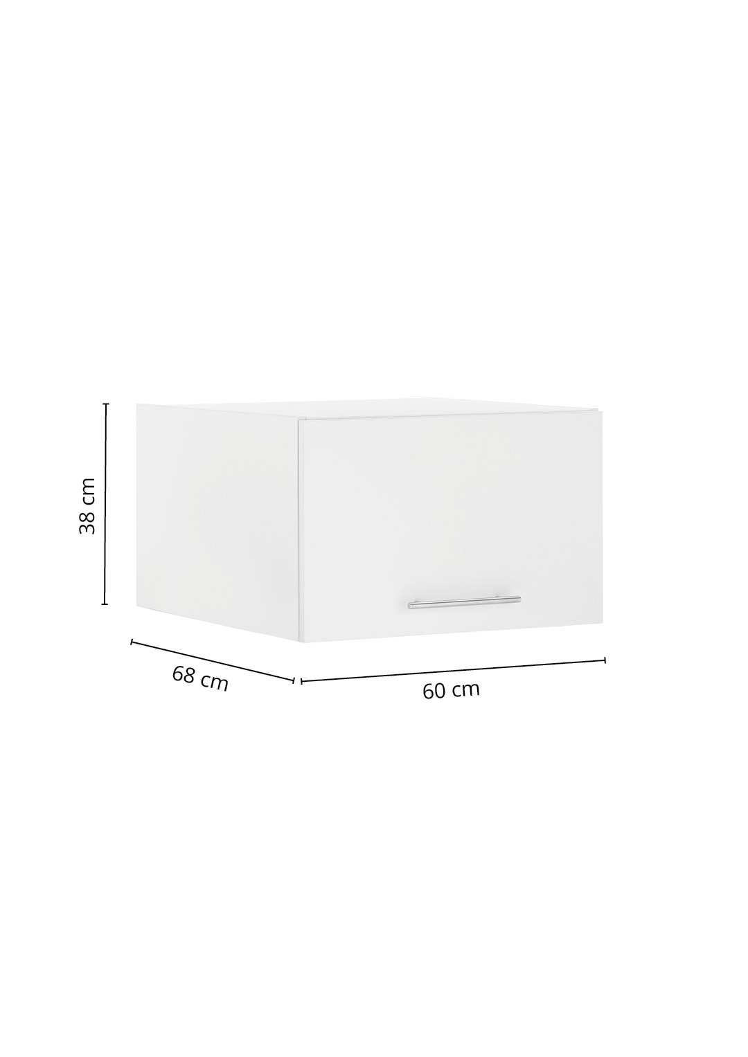 Weißer Hängeschrank mit einer Klappe und dargestellten Maßangaben für Breite Höhe und Tiefe.