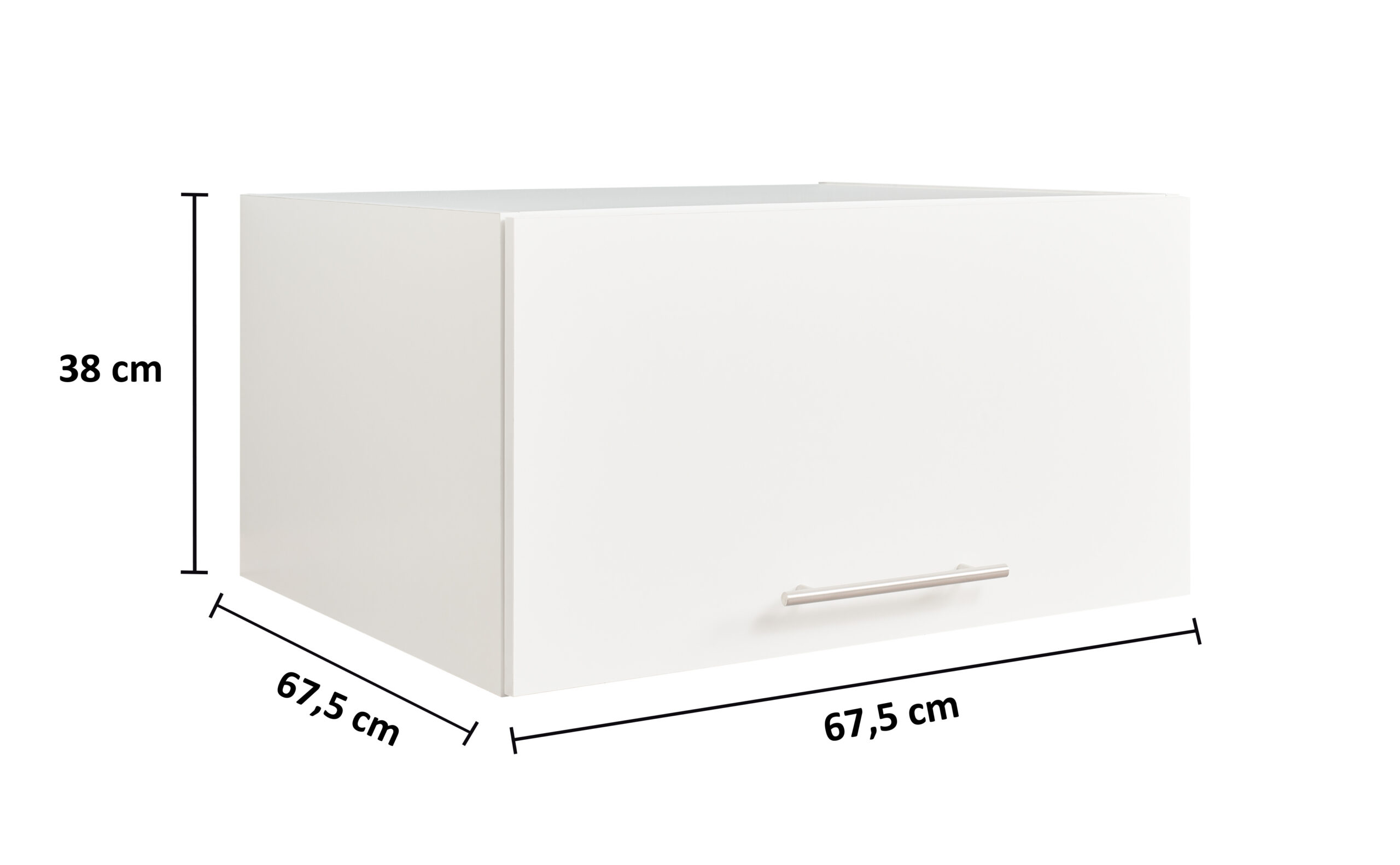 Weißer Aufsatzschrank mit Frontklappe und Maßangaben in perspektivischer Darstellung.
