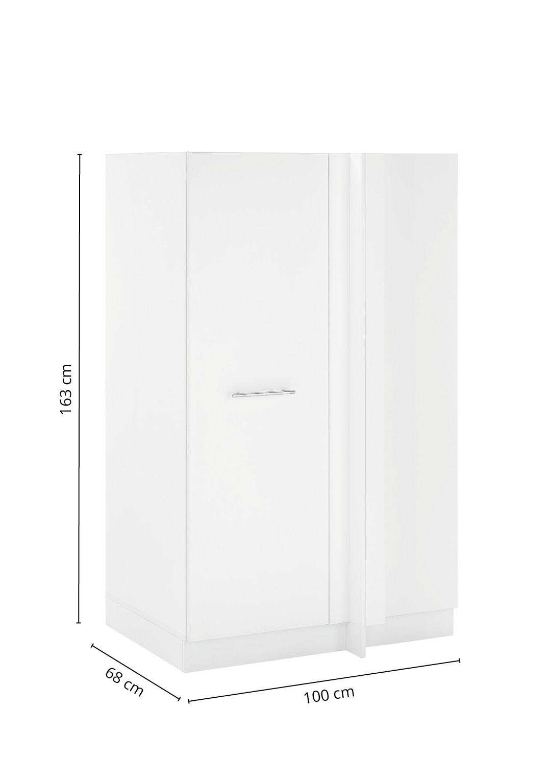 Weißer Stauraumschrank mit Sockel und einer Tür inklusive eingezeichneter Maßangaben.