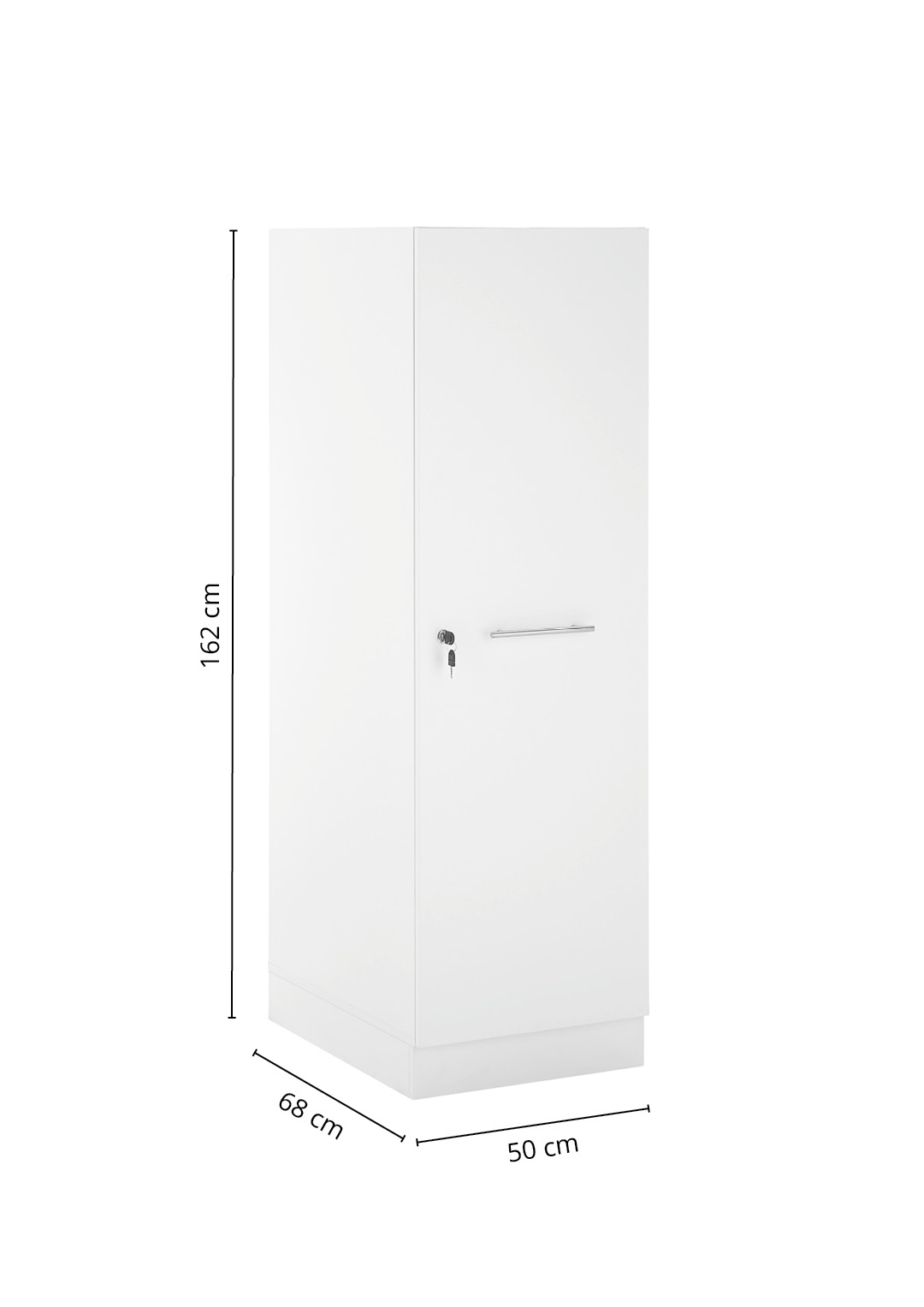 Weißer Hochschrank mit Tür Schloss und Sockel inklusive Maßangaben für Höhe Breite und Tiefe.