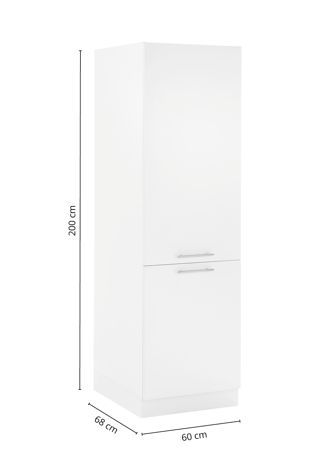 Weißer Hochschrank mit zwei Türen und Sockel inklusive Maßangaben für Höhe Breite und Tiefe.