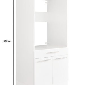 Ein weißer Schrank mit offenem Mittelbereich, Schublade und Türen steht freigestellt vor weißem Hintergrund, ergänzt durch Maßangaben für Höhe und Breite.