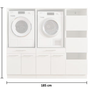 Weißes Schranksystem mit integrierter Waschmaschine und Trockner sowie seitlichen Auszügen, mit Höhen und Breitenangabe.
