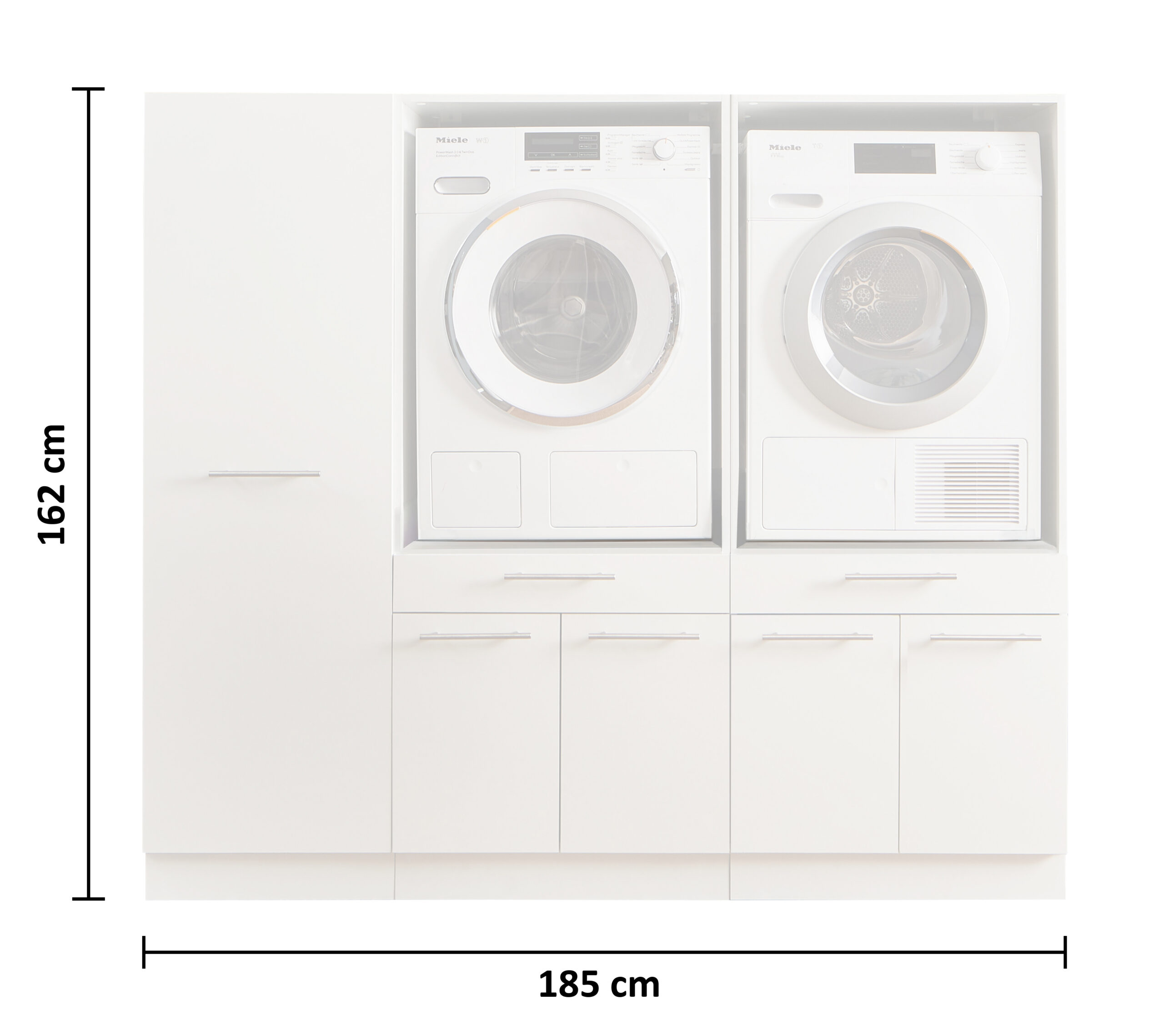 Freisteller einer Waschkombination mit Waschmaschine, Trockner und seitlichem Hochschrank mit Maßangaben 162 cm Höhe und 185 cm Breite.