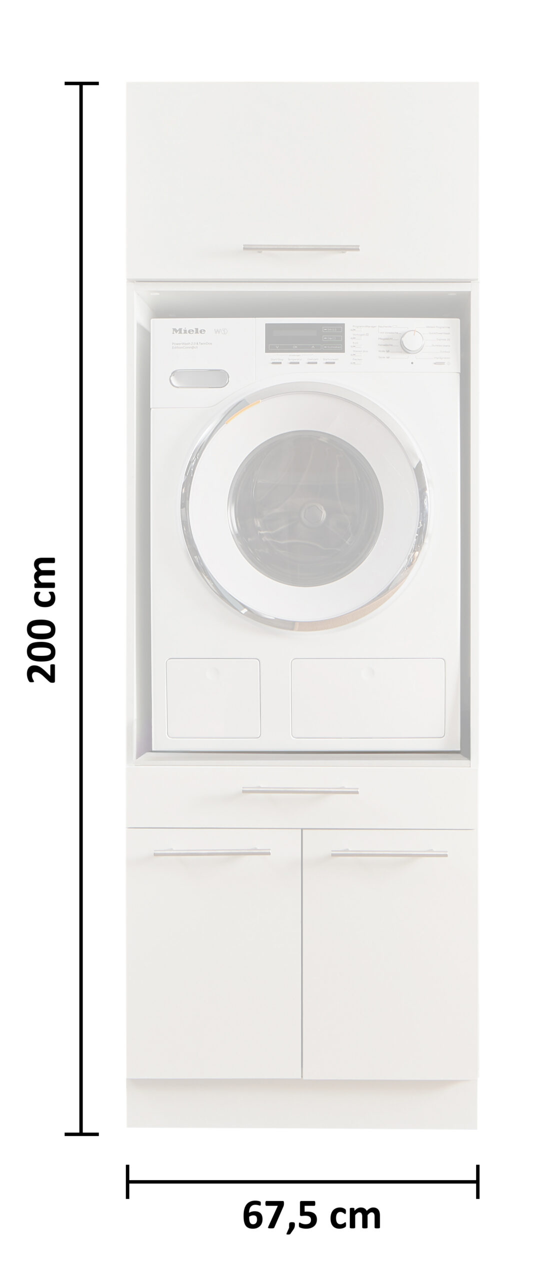 Laundreezy LDSK1_91-210-_70-200-,37-202- Freisteller mit Bemaßung Hochformatige Waschmaschinenstele in Weiß mit einer Höhe von zweihundert Zentimetern und einer Breite von siebenundsechzig Komma fünf Zentimetern.