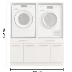 Doppelmodul für Waschmaschine und Trockner in Weiß mit Maßangaben 162 Zentimeter Höhe und 135 Zentimeter Breite.