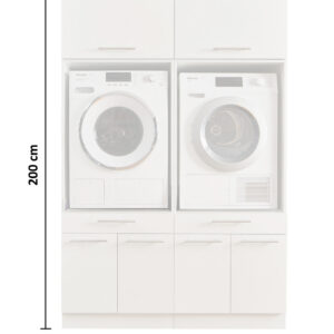 Weißes Doppelmodul für Waschmaschine und Trockner mit eingezeichneten Maßen in der Frontalansicht.