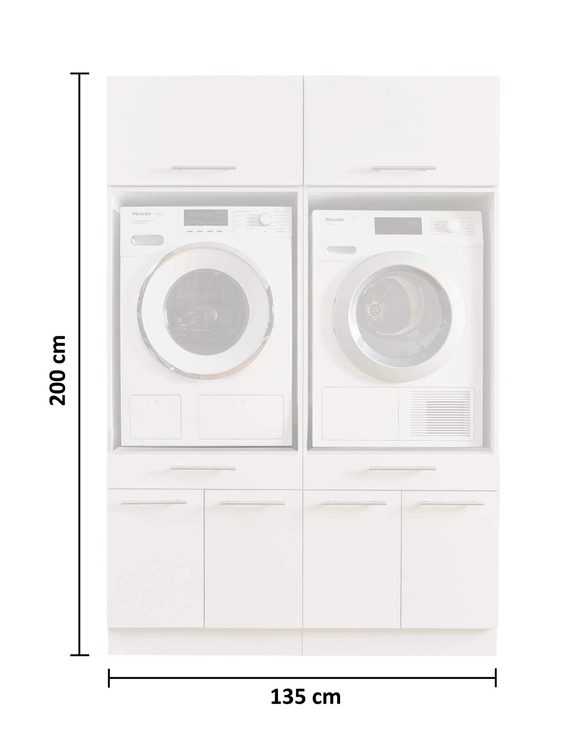 Weißes Doppelmodul für Waschmaschine und Trockner mit eingezeichneten Maßen in der Frontalansicht.