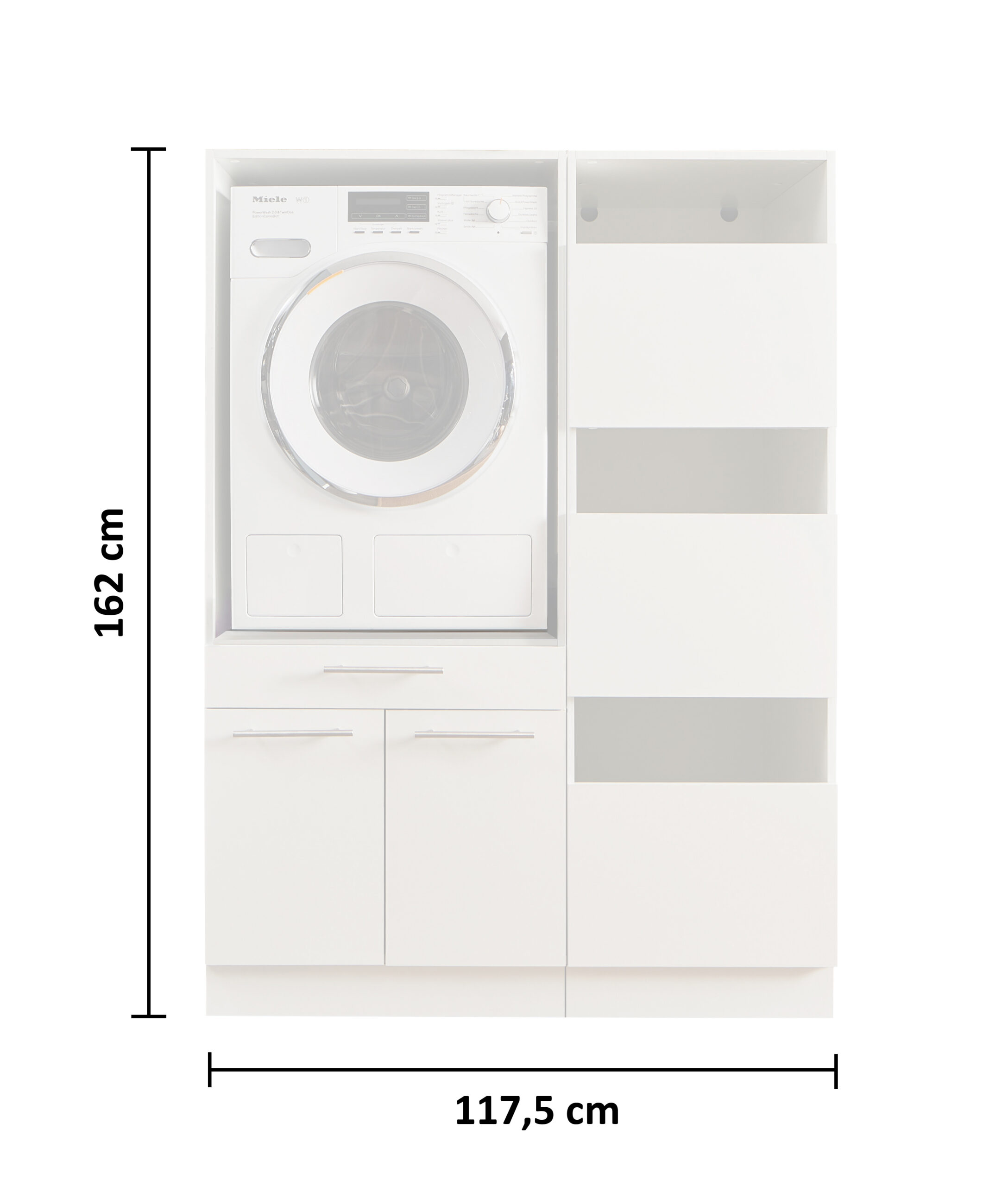 Freigestellter weißer Waschmaschinen Schrank mit Maßangaben in Breite und Höhe.