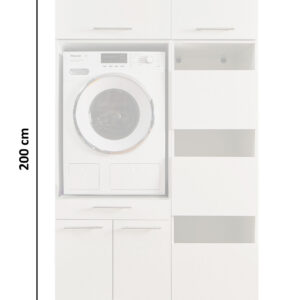 Weißer Waschmaschinen Schrank mit Maßangaben 200 cm Höhe und 117,5 cm Breite, mit offenen Regalfächern und Gerätefach.