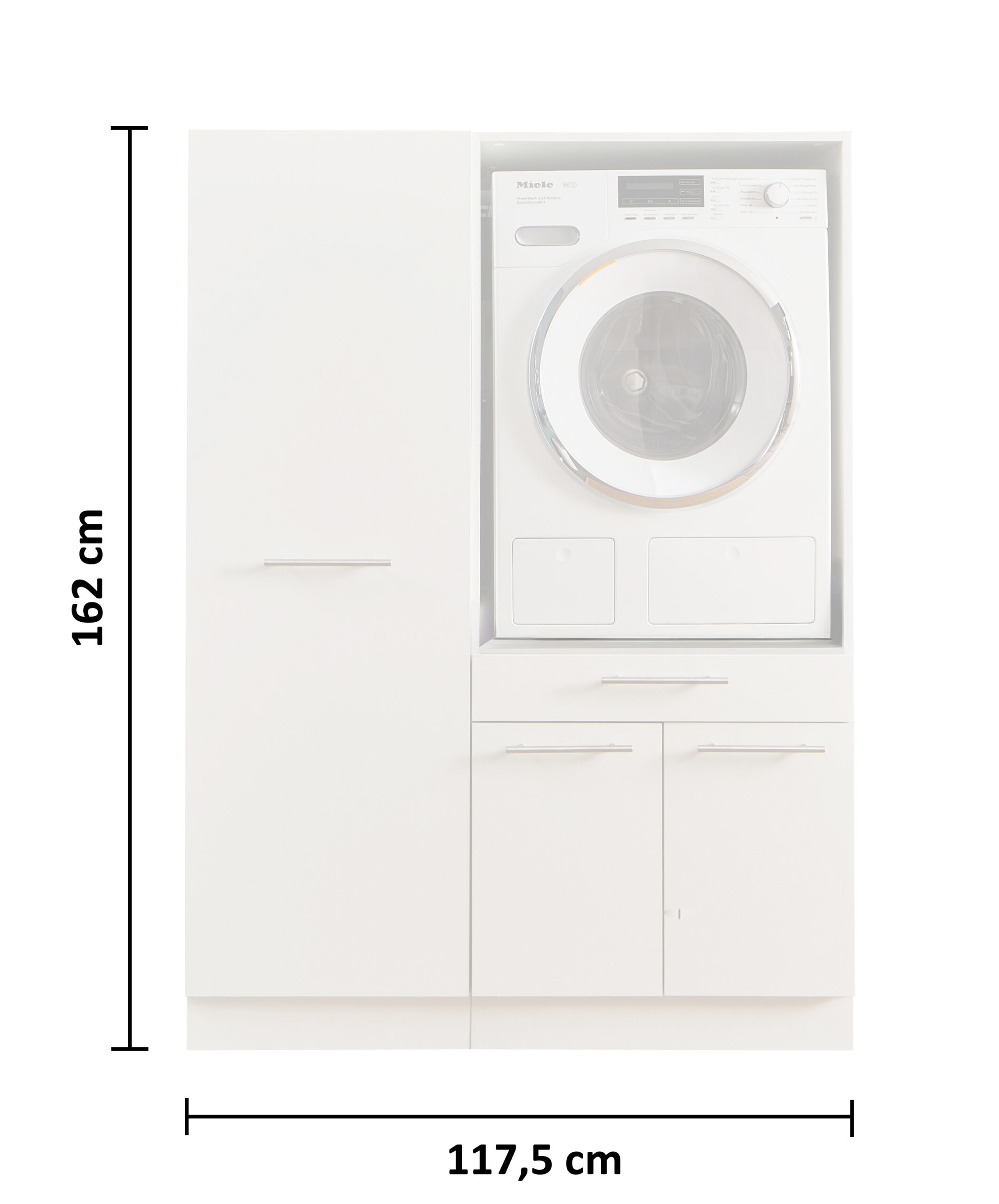 Laundreezy LDSK6_91-215-_70-202-,70-200- Freisteller mit Bemaßung Waschmaschinen Schrank in Weiß mit Maßangaben 162 cm Höhe und 117,5 cm Breite.