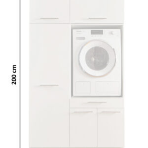 Waschmaschinen Schrank Weiß mit geschlossener Front und Maßangaben 200 cm Höhe und 117,5 cm Breite.