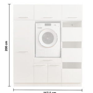 Freisteller eines weißen Waschraum Schranksystems mit integrierter Waschmaschine und Maßangaben.