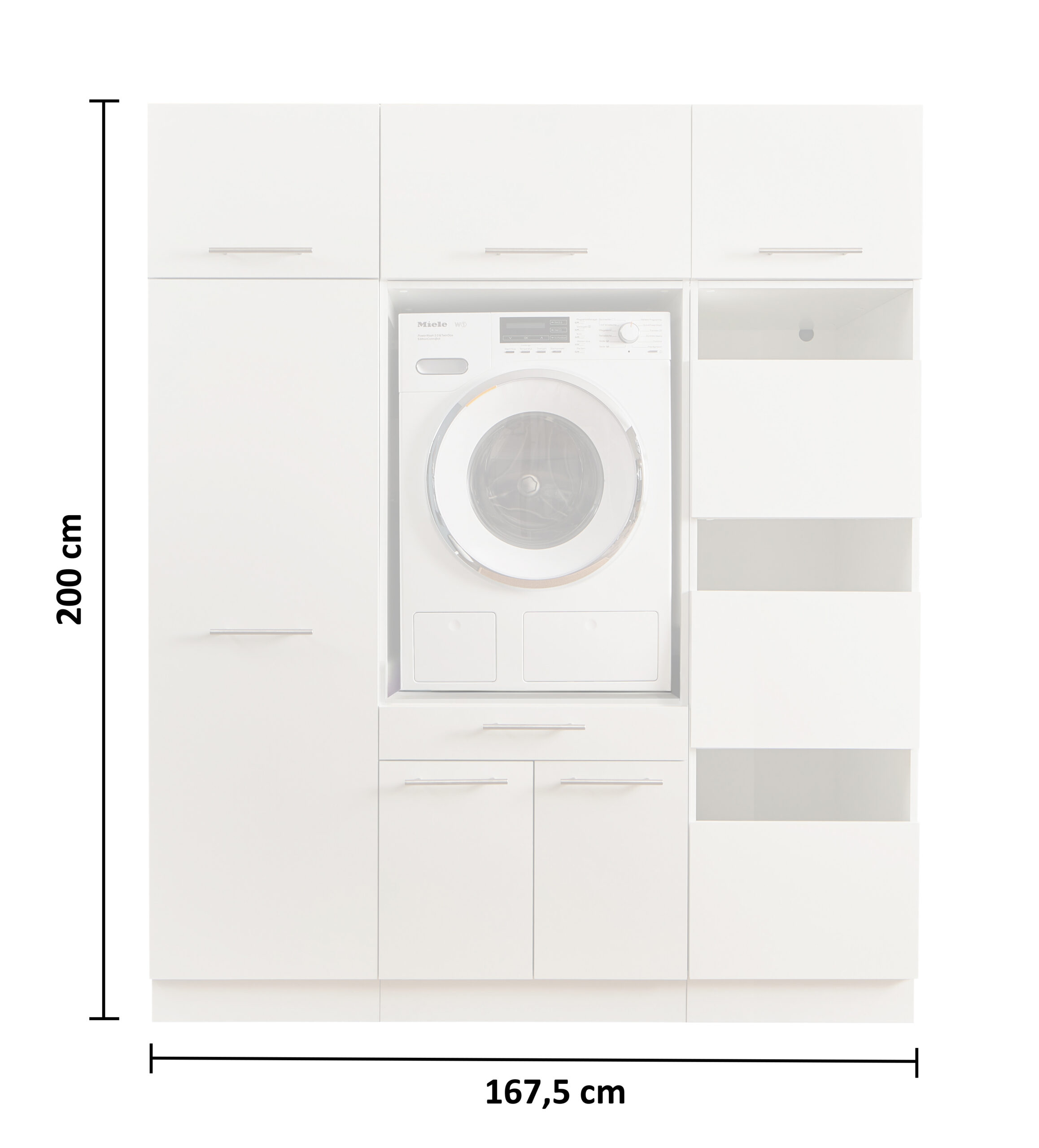 Freisteller eines weißen Waschraum Schranksystems mit integrierter Waschmaschine und Maßangaben.