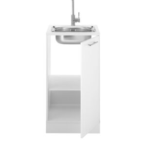 Laundreezy-LDSPU50W-mit-Spu╠ele-und-Sockel-Freisteller-frontal-offen_72-201-17 "Der Spüler" in Weiss mit eingebauter Spüle