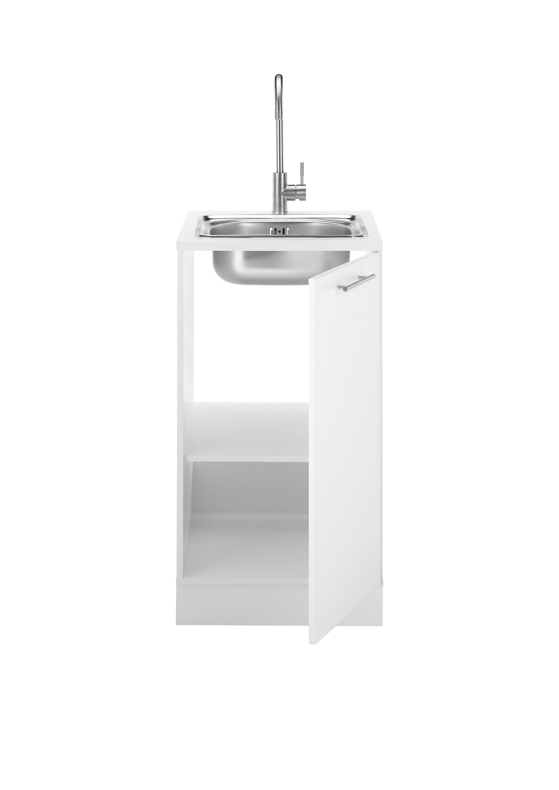 Laundreezy-LDSPU50W-mit-Spu╠ele-und-Sockel-Freisteller-frontal-offen_72-201-17 "Der Spüler" in Weiss mit eingebauter Spüle