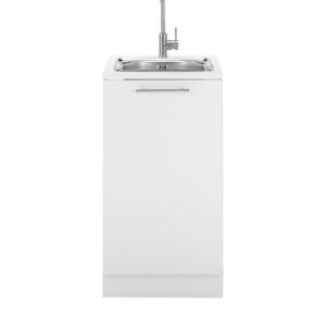 Laundreezy-LDSPU50W-mit-Spu╠ele-und-Sockel-Freisteller-frontal_72-201-17 "Der Spüler" in Weiss mit eingebauter Spüle