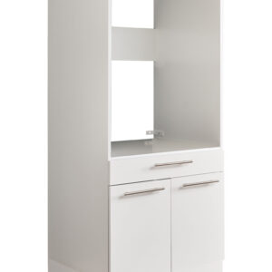 Ein weißer Schrank mit offenem Mittelbereich, einer Schublade und zwei Türen steht freigestellt vor weißem Hintergrund.