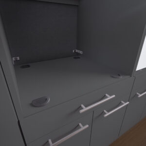 Eine anthrazitfarbene Fläche mit vier dunklen Auflagepunkten befindet sich zwischen zwei Schränken in einem modernen Waschbereich.